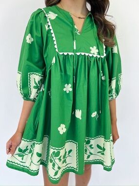 entro Green Floral Smock Dress with Puff Sleeves